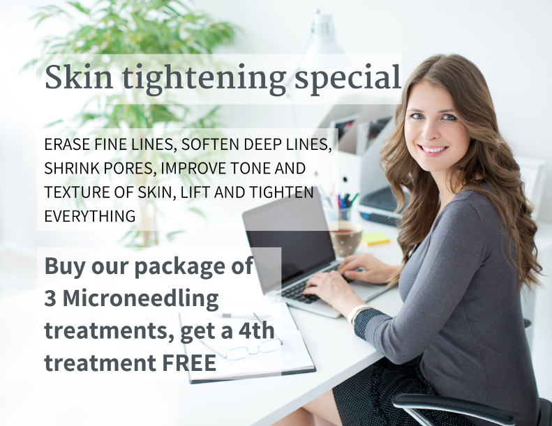 Skin tightening special. Buy our package of 3 Microneedlings treatments, get a 4th treatment Free.
