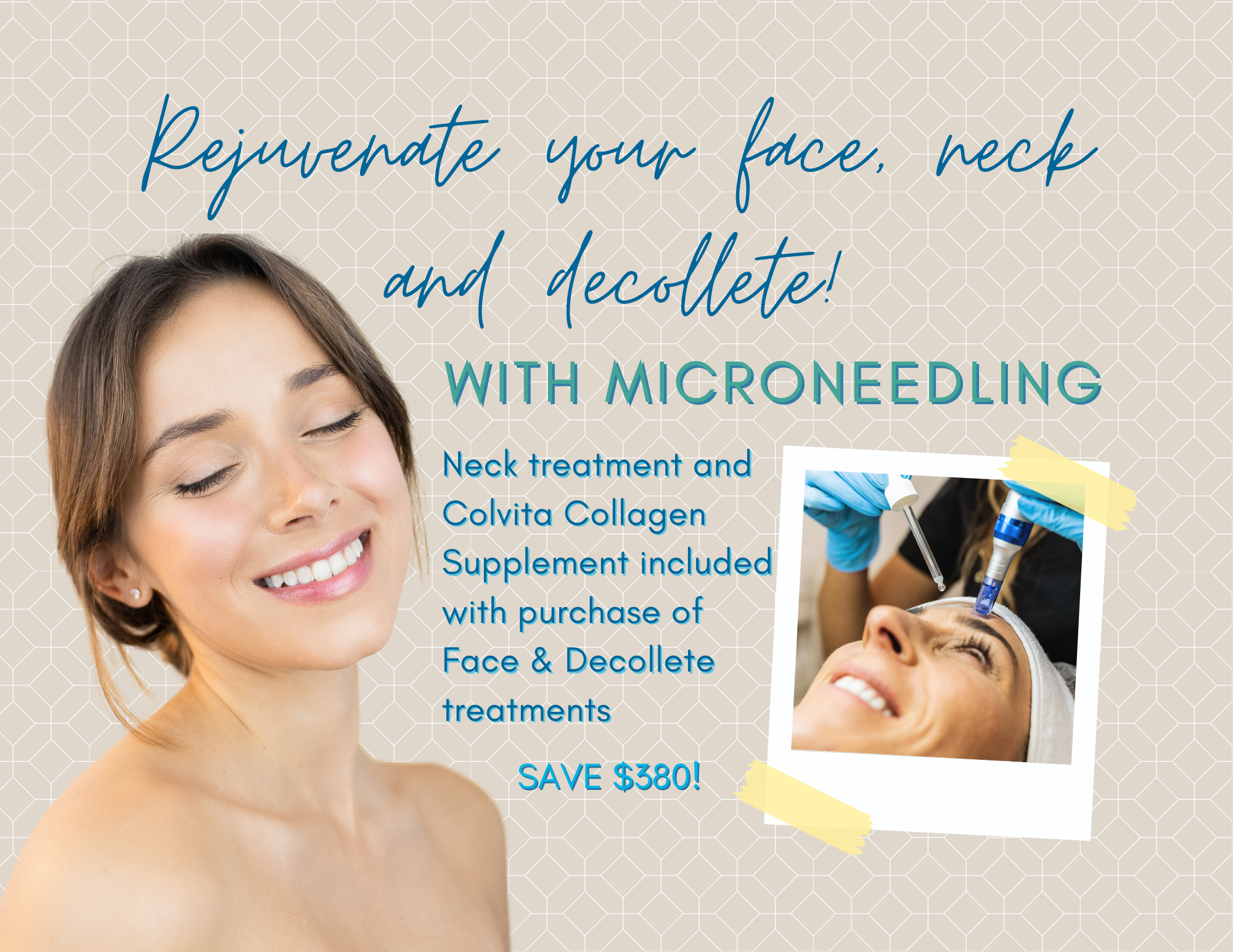 Rejuvenate your face, neck and decollete with microneedling. Neck treatment and Colvita Collagen Supplement included with purchase of Face & Decollete treatments - Save $380!