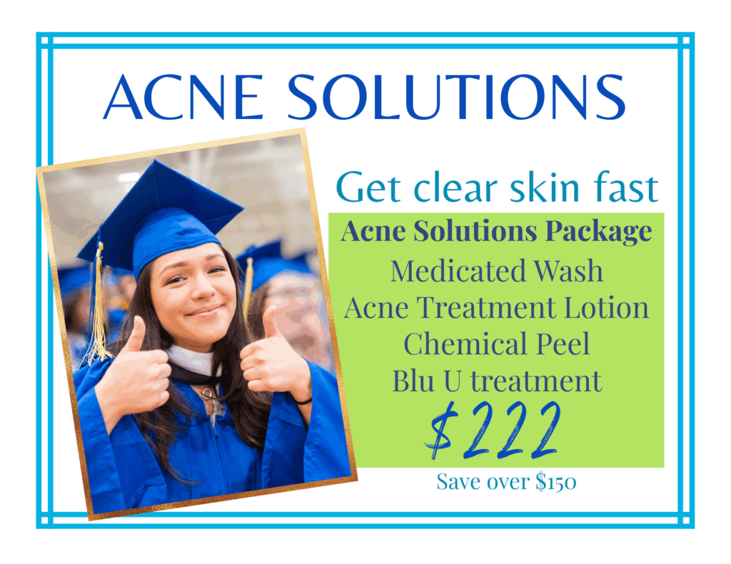 ACNE SOLUTIONS Get clear skin fast. Acne Solutions Package: Medicated Wash, Acne Treatment Lotion, Chemical Peel, Blu U treatment $222 Save over $150