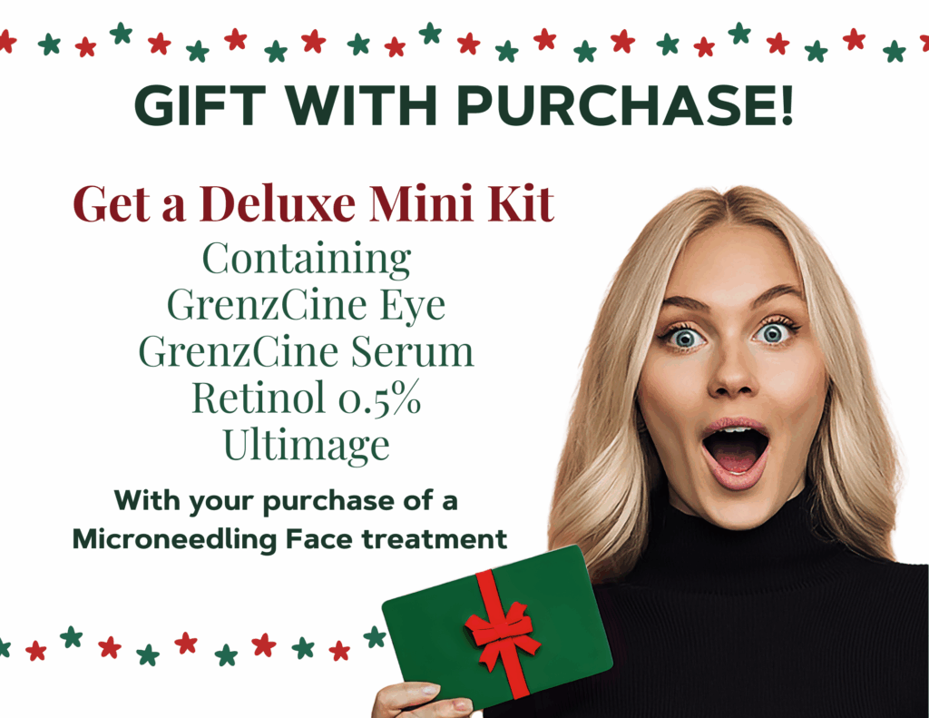 GIFT WITH PURCHASE! Get a Deluxe Mini Kit Containing GrenzCine Eye GrenzCine Serum Retinol 0.5% Ultimage With your purchase of a Microneedling Face treatment