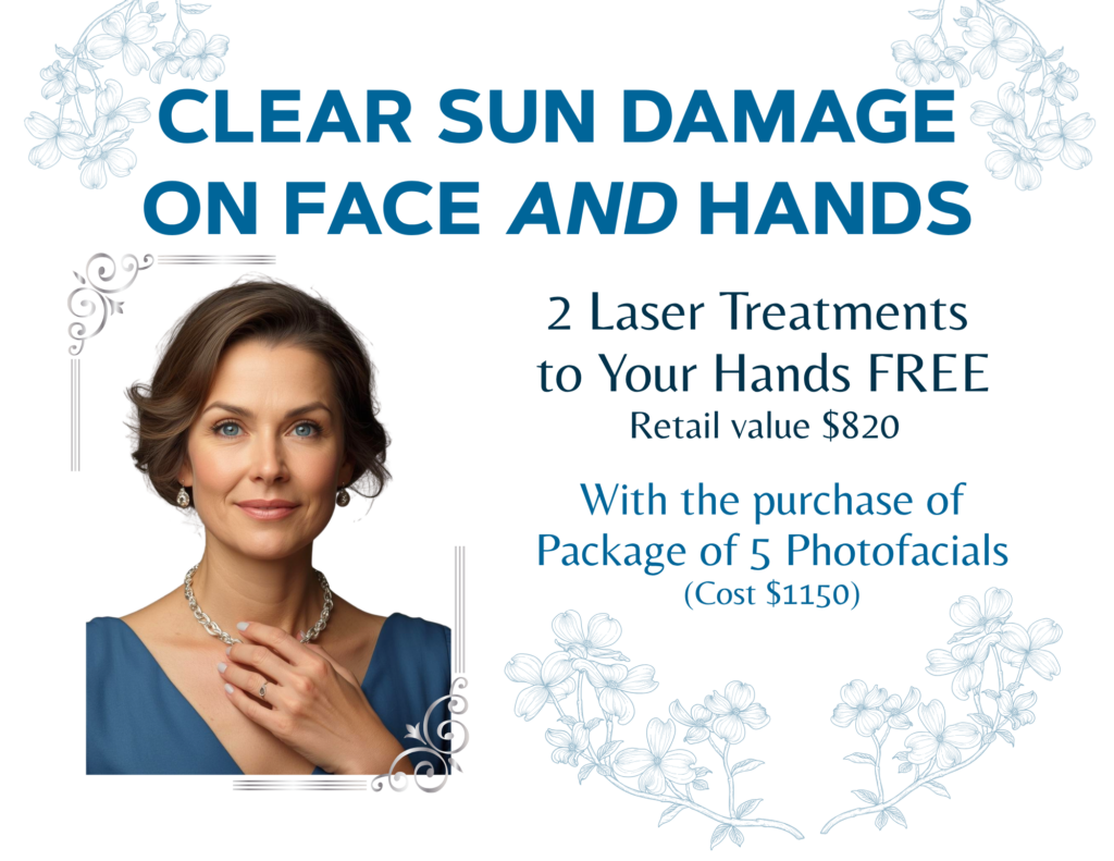 Clear sun damage on face and hands. 2 laser treatments to your hands free - retail value $280. With the purchase of 5 photofacials (cost $1150)