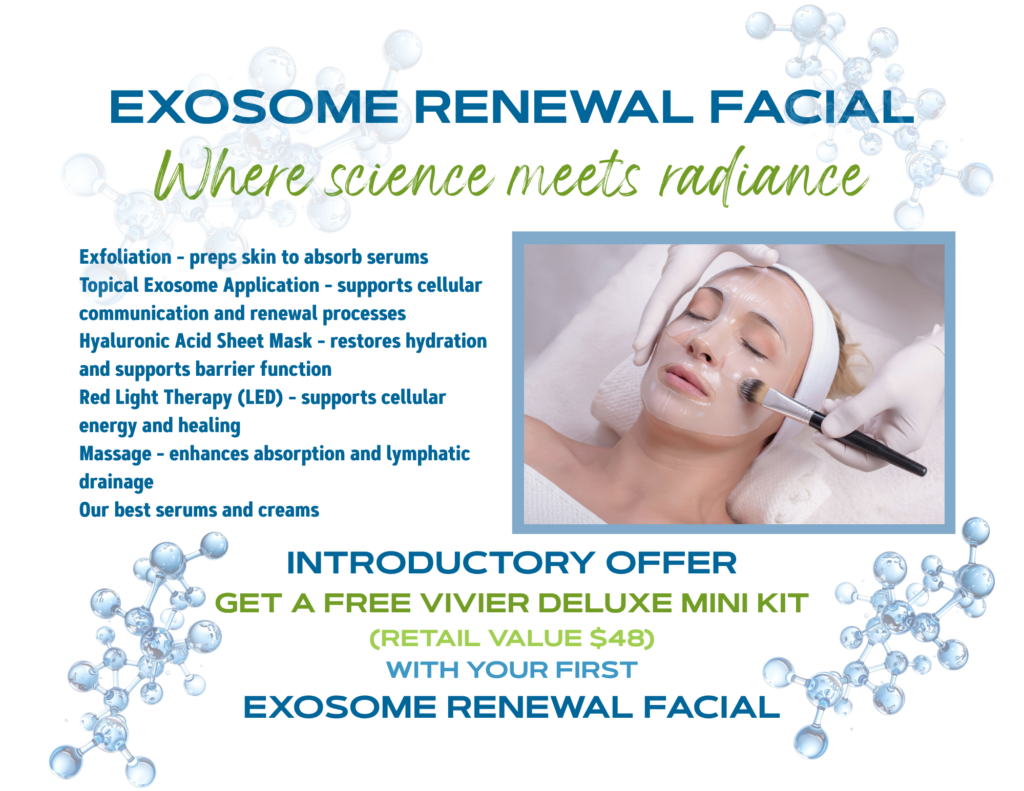 Exosome renewal facial, where science meets radiance. Exfoliation preps skin to absorb serums, topical exosome application supports cellular communication and renewal processes, hyaluronic acid sheets mask restores hydration and supports barrier function, red light therapy (LED) supports cellular energy and healing, massage enhances absorption and lymphatic drainage, out best serums and creams. Introductory offer, get a free Vivier Delux Mini Kit (retail value $48) with your first exosome renewal facial.